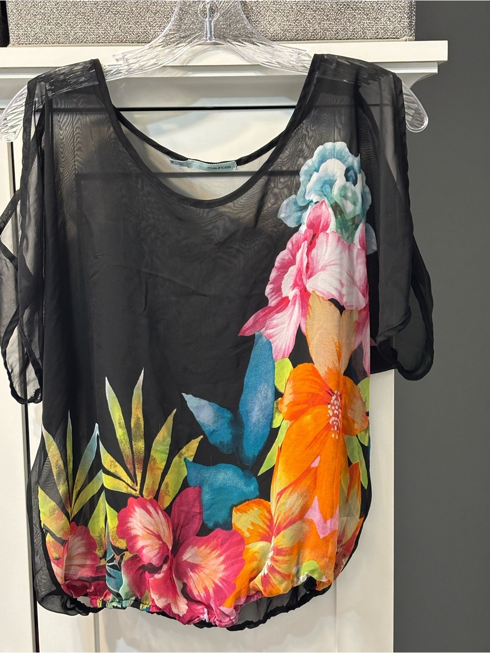 Maurices Black Tropical Floral Cold Shoulder Blouse Blouson Sheer M EUC Beach